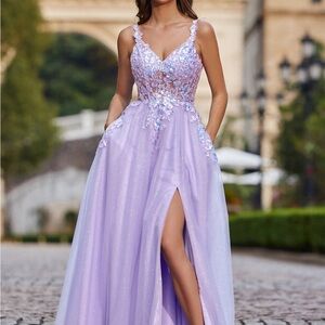 Lavender Floral Prom Dress with Slit